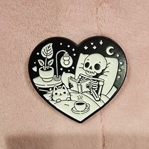 Heart-Shaped Skeleton and Cat Enamel Pin